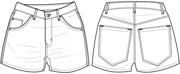 denim shorts flat sketch front and back view technical cad drawing template, womens five pocket denim jean short pant vector illustration template. isolated on white background.