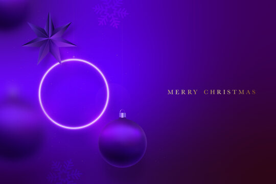 Purple Christmas festive background. Hanging glowing neon violet circle with balls and star neon light reflection. Motion blur effect. Xmas futuristic backdrop.