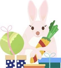 Illustration, a pink hare is holding a gift and sitting surrounded by gifts