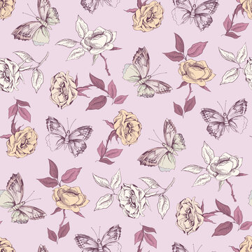 Seamless Pattern of Roses and Butterflies.