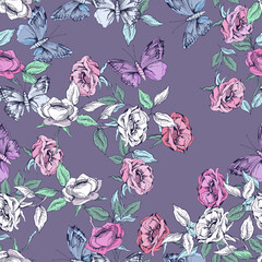 Seamless Pattern of Roses and Butterflies.