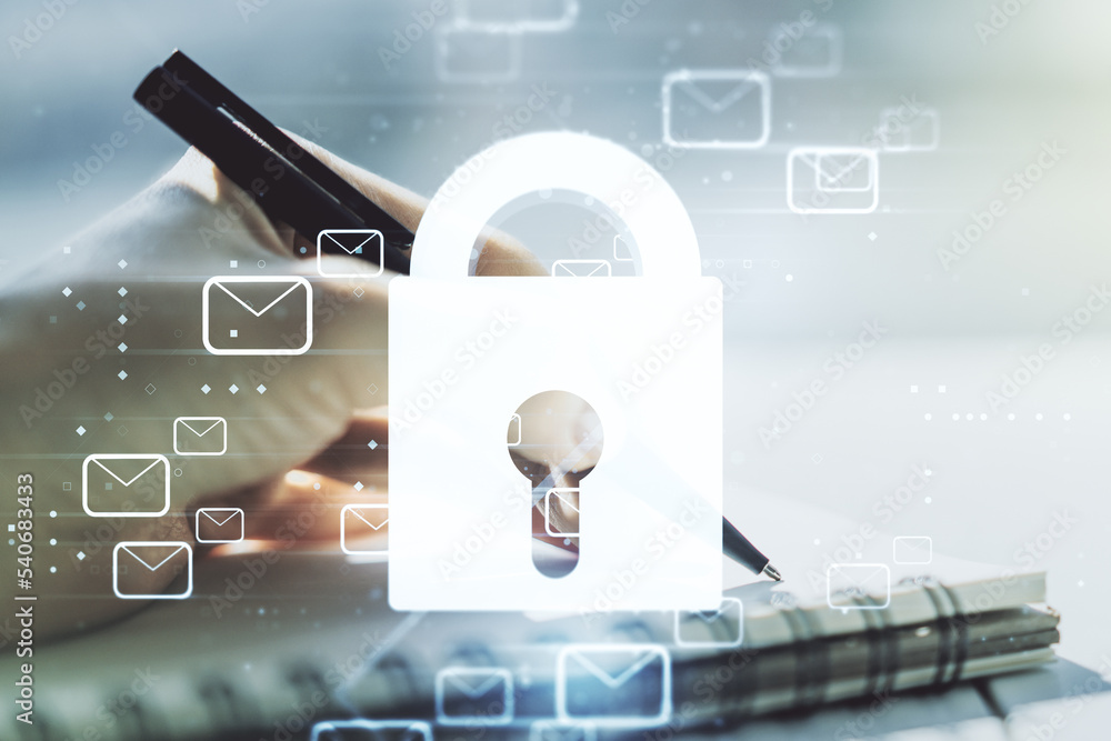 Poster creative lock sketch with email symbols hologram and woman hand writing in notepad on background, pr