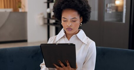 Business woman, tablet or thinking of office data analysis, company finance budget or kpi strategy planning. Worker, employee or fintech technology in financial investment or growth review management