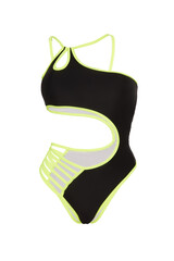 Close-up shot of a black one-piece cutout swimsuit with a green trim. A monokini swimsuit is isolated on a white background. Front view.