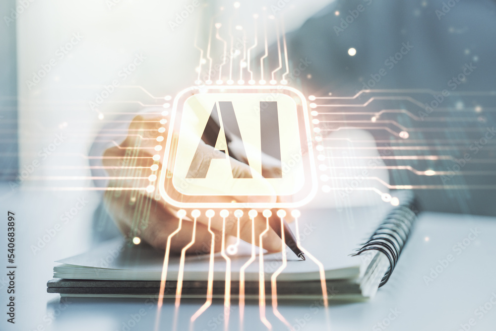 Poster creative artificial intelligence symbol concept with man hand writing in notebook on background. mul