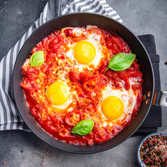 fried egg tomato shakshuka breakfast eggs vegetable meal food snack on the table copy space food background 