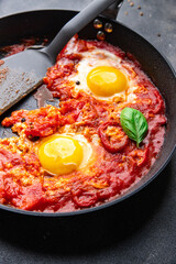 fried egg tomato shakshuka breakfast eggs vegetable meal food snack on the table copy space food background 