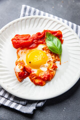 fried egg tomato shakshuka breakfast eggs vegetable meal food snack on the table copy space food background 