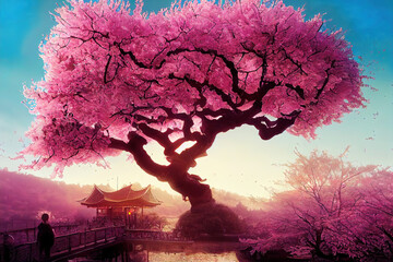 beautiful blossoming pink cherry sakura trees