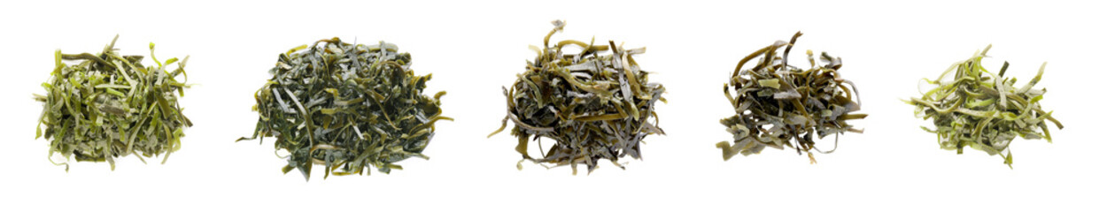 Set with fresh laminaria (kelp) seaweed on white background, top view. Banner design