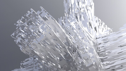 3D grayscale rendering of abstract object that looks like being broken or shattered or battered.  