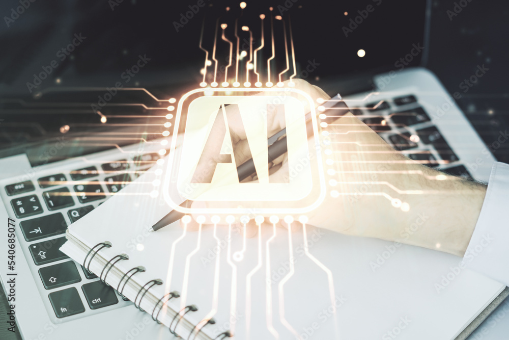 Poster creative artificial intelligence symbol concept with hand writing in notebook on background with lap