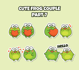 Obraz premium Set of cute kawaii couple little frog sticker emoji falling in love and say hello emoticon