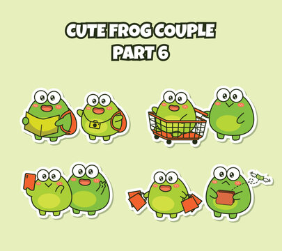Set of cute kawaii couple little frog sticker emoji traveling shopping selfie no money emoticon