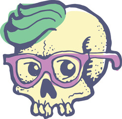 Skull wearing pink glasses hand draw colors green