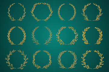 Gold ornamental branch wreathes set in hand drawn design. Laurel leaves wreath and decorative branch bundle. Collection of differen herbs, twigs, flowers and plants curl elements. Vector decoration.