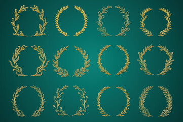 Gold ornamental branch wreathes set in hand drawn design. Laurel leaves wreath and decorative branch bundle. Different types of herbs, twigs, and plants curl vignetting elements. Vector decoration.