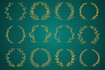 Gold ornamental branch wreathes set in hand drawn design. Laurel leaves wreath and decorative branch bundle. Botanical decor of herbs, twigs with flowers and plants elements. Vector decoration.