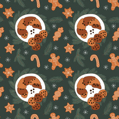 Gingerbread and candied cupcake Christmas holiday seamless pattern on emerald background.