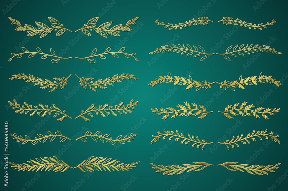 Poster gold floral ornament dividers set in hand drawn design. herbs and twigs vignetting elements. bundle 