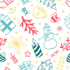 Christmas seamless pattern, hand drawn style doodle elements. Vector illustration.