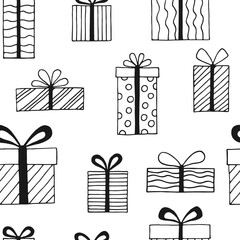 Seamless pattern with gift box with different bows. Hand drawn vector illustration.