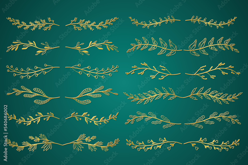 Aufkleber gold floral ornament dividers set in hand drawn design. leaves and tree branches elements. bundle of