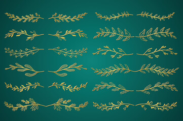 Gold floral ornament dividers set in hand drawn design. Leaves and tree branches elements. Bundle of botanical ornaments scrolls decoration and decorative branch. Vector illustration.