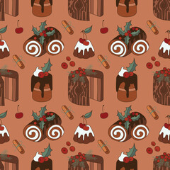 Cute Christmas chocolate desserts. Seamless pattern vector illustration of sweet Holiday party.
