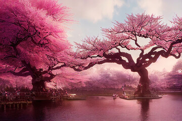 Obraz na płótnie Canvas beautiful blossoming pink cherry sakura trees