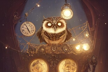Steampunk Clock Owls evening cute 3d illustration