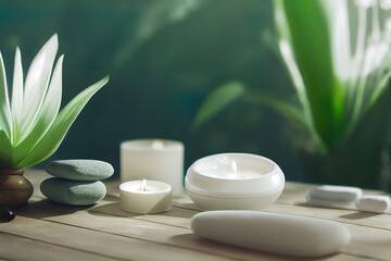 Fototapeta na wymiar spa massage aromatherapy wellness accessories, stones, candles, oils, plants