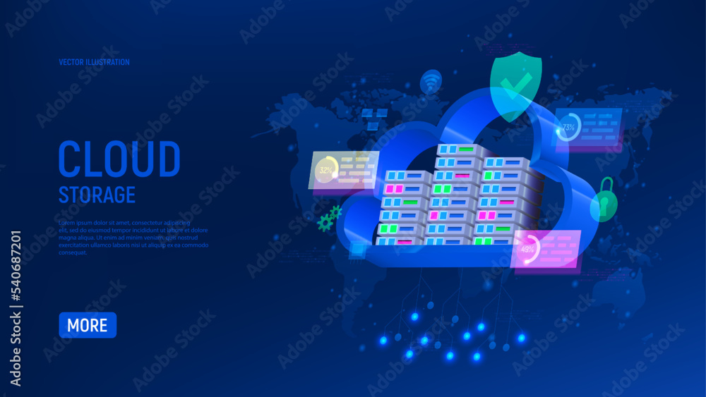 Poster cloud storage or cloud computing concept. 3d vector illustration with digital technology. online dat