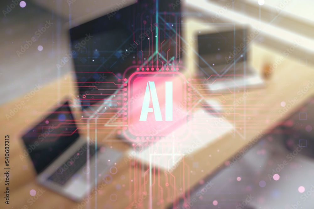 Poster creative artificial intelligence symbol concept and modern desktop with pc on background. double exp