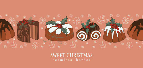 New Years Sweet Cupcakes Seamless Border vector illustration. Trendy retro style christmas background.