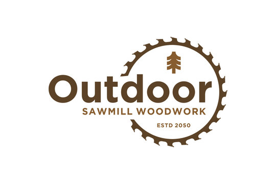 Timber carpentry logo design pine tree with circular saw element simple lumberjack icon symbol logging