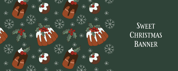 Sweet Christmas horizontal banner with chocolate cupcakes, frosting and berries. Vector illustration background.