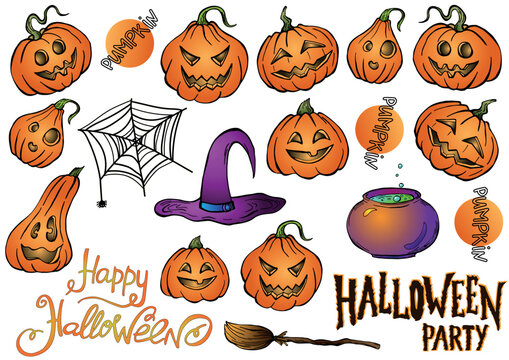 Halloween sticker set - witch hat, broom, angry pumpkin, web, funny pumpkin, cauldron with boiling green potion. Vector illustration