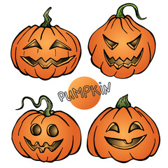 Halloween pumpkins set on white background. Jack lantern. Vector illustration. Perfect for invitations, greeting cards, print, banners, poster for textiles, fashion design.