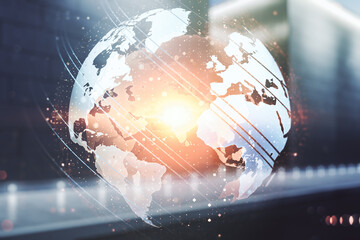 Abstract creative digital world map on blurry contemporary office building background, globalization concept. Multiexposure