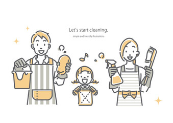 笑顔で掃除をする家族　シンプルでお洒落な線画イラスト