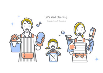 笑顔で掃除をする家族　シンプルでお洒落な線画イラスト