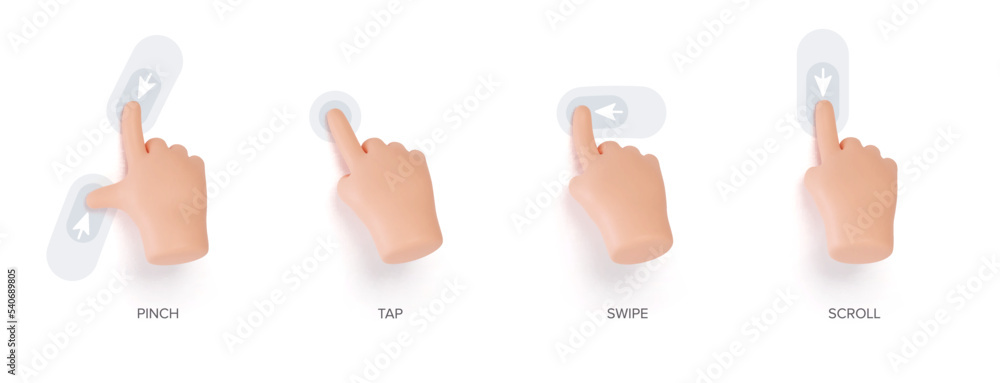Wall mural hand touchscreen gestures. vector 3d hands actions icons on touch screens like swipe, scroll, pinch,