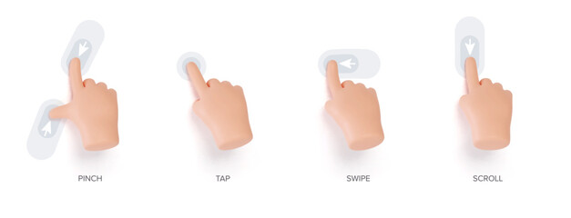 Hand touchscreen gestures. Vector 3d hands actions icons on touch screens like swipe, scroll, pinch, tap, zoom and slide touch. Vector 3d set