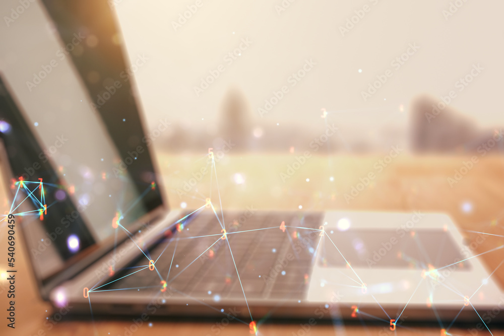 Poster double exposure of technology hologram on laptop background. research and development software conce