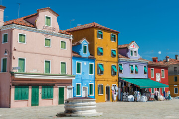 Exterior of colorful residential house in Burano island, Venice, Italy
