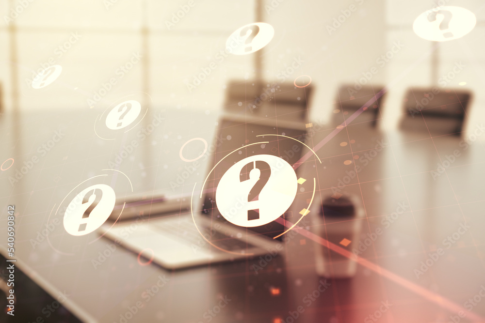 Aufkleber creative abstract question mark sketch on modern laptop background, faq and research concept. double