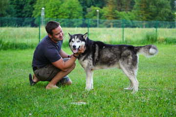 A man with a husky dog ​​in the summer in nature.