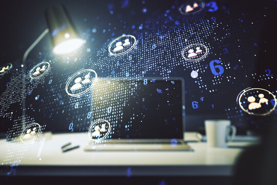Double exposure of social network icons concept with world map and modern laptop on background. Marketing and promotion concept