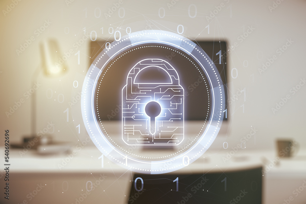 Poster creative light lock illustration with microcircuit on modern computer background, cyber security con
